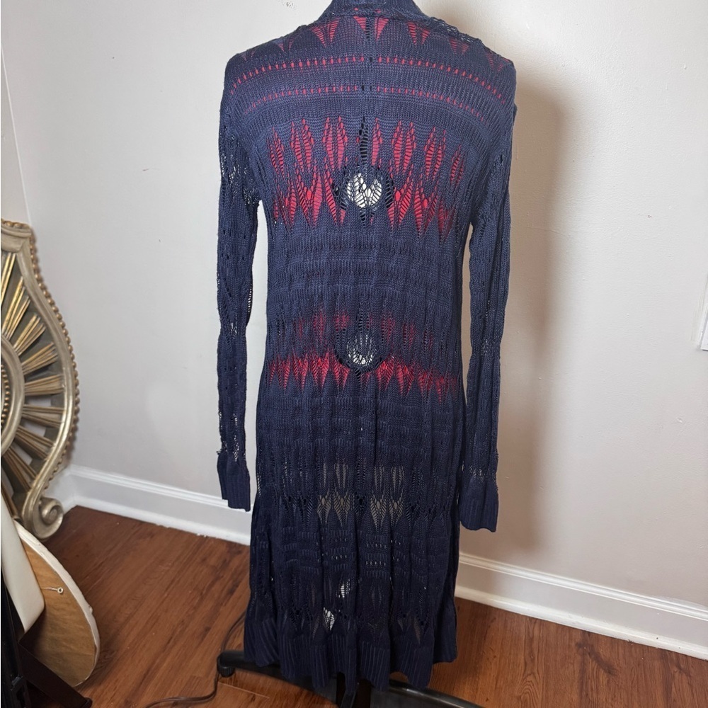 Navy Knit Long Cardigan beautiful crochet - Picture 1 of 2
